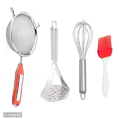 Trendy Combo Of Stainless Steel Premium Quality Soup Juice Strainer And Ss Big Masher And Ss Egg Beater Whisk And Silicone Mini Oil Brush