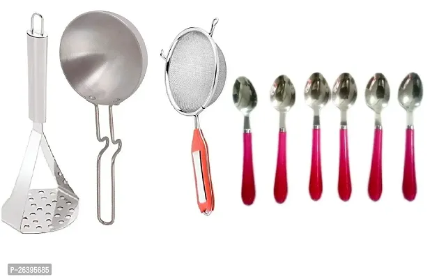 Ss Masher-Silver Tadka Pan-Soup-Lattu Spoon 6Stainless Steel Cooking Spoons-thumb0