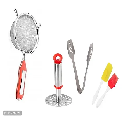 Trendy Stainless Steel Combo Of Premium Quality Ss Soup Strainer And Steel Pav Bhaji Masher And Ss Momo Tong And Silicone Mini Spetula And Oil Brush