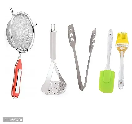 Trendy Combo Of Stainless Steel Premium Quality Soup Juice Strainer And Ss Big Masher And Ss Momo Tong And Silicone Big Spetula And Oil Brush Set