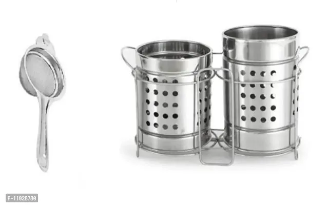 Trendy Stainless Steel Tea Strainer With Stainless Steel Twin Cutlery Holder With Stand-thumb0