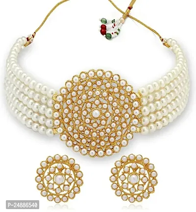 Gorgeous White Colour Studded With Artificial Stone And Beads Necklace Set For Women And Girls-thumb0