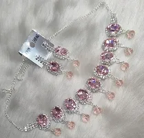 Small  Attractive Necklace Set Studded With Baby Pink Silver Stone-thumb1