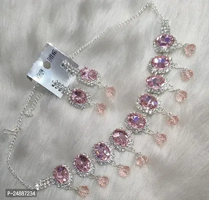 Small  Attractive Necklace Set Studded With Baby Pink Silver Stone-thumb2