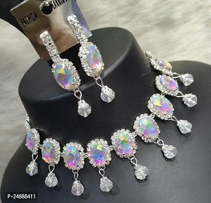 Small  Attractive Necklace Set Studded With Rainbow Silver Stone