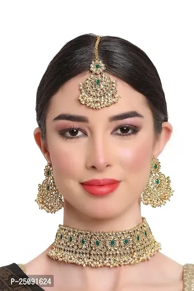 Gold Plated Latest Stylish Traditional Green Kundan Choker Necklace Jewellery Set For Women And Girls-thumb0