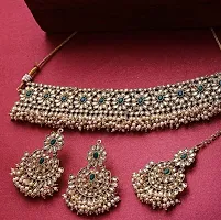 Gold Plated Latest Stylish Traditional Green Kundan Choker Necklace Jewellery Set For Women And Girls-thumb1