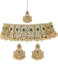 Gold Plated Latest Stylish Traditional Green Kundan Choker Necklace Jewellery Set For Women And Girls-thumb2