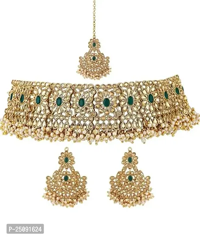 Gold Plated Latest Stylish Traditional Green Kundan Choker Necklace Jewellery Set For Women And Girls-thumb3