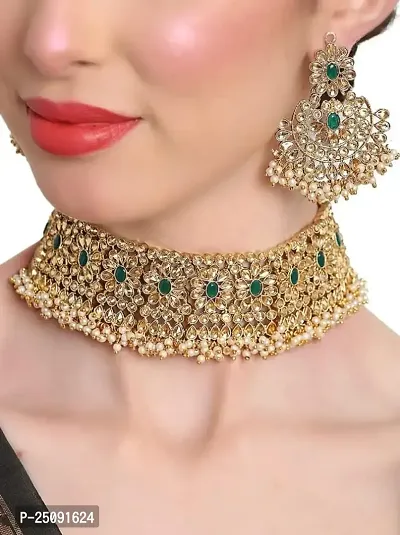 Gold Plated Latest Stylish Traditional Green Kundan Choker Necklace Jewellery Set For Women And Girls-thumb5