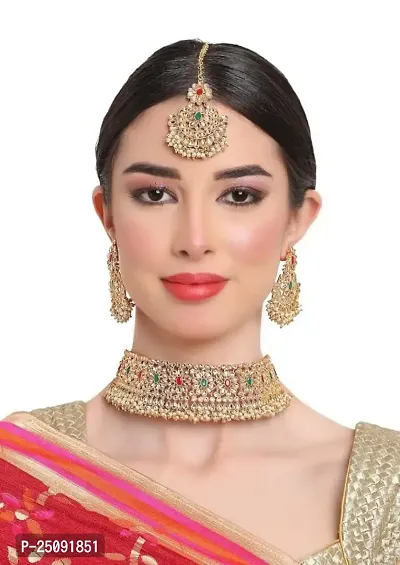 Gold Plated Latest Stylish Traditional Red  Green Kundan Choker Necklace Jewellery Set For Women And Girls