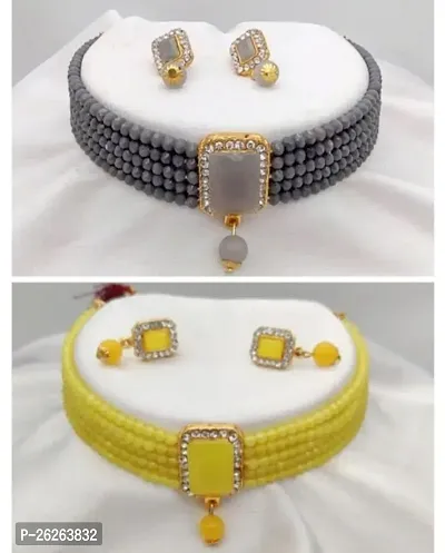 Simple Gold Plated Attractive Grey And Yellow Colour Necklace And Earrings Set For Women And Girls(Pack Of 2)