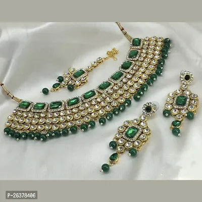 Gold Plated Green Colour Shinning Necklace, Earrings And Maangtika Set For Women And Girls-thumb0