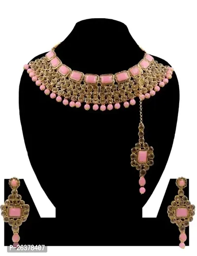 Gold Plated Bbabypink Colour Shinning Necklace, Earrings And Maangtika Set For Women And Girls