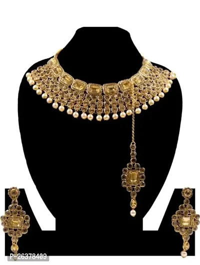 Gold Plated Golden Colour Shinning Necklace, Earrings And Maangtika Set For Women And Girls