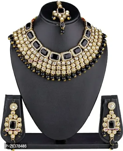 Gold Plated Black Colour Shinning Necklace, Earrings And Maangtika Set For Women And Girls