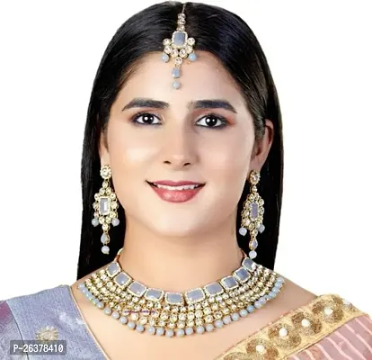 Gold Plated Grey Colour Shinning Necklace, Earrings And Maangtika Set For Women And Girls