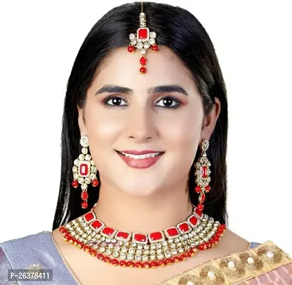 Gold Plated Red Colour Shinning Necklace, Earrings And Maangtika Set For Women And Girls