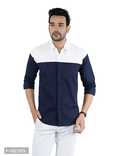 Men Slim Fit Cotton Blend Casual Shirt Blue and White-thumb0