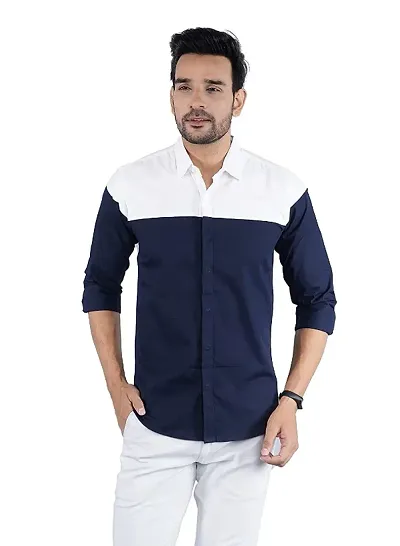 Men Slim Fit Cotton Blend Casual Shirt Blue and White