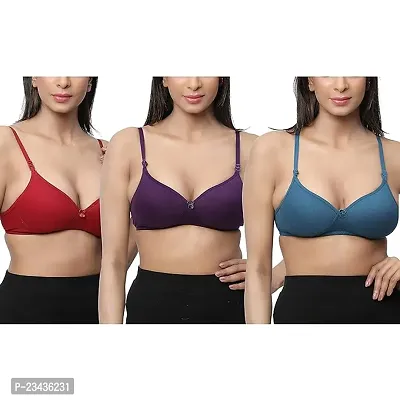 Women Cotton Lace Lightly Padded Bra, Pack of 3 Combo, Multicolor