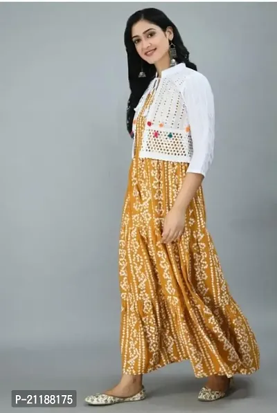 Durolane Women's Bandhani Print Rayon Round Neck 3/4 Sleeve Gown with Ethnic Pom-Pom Jacket (D_S_M_900156)-thumb3