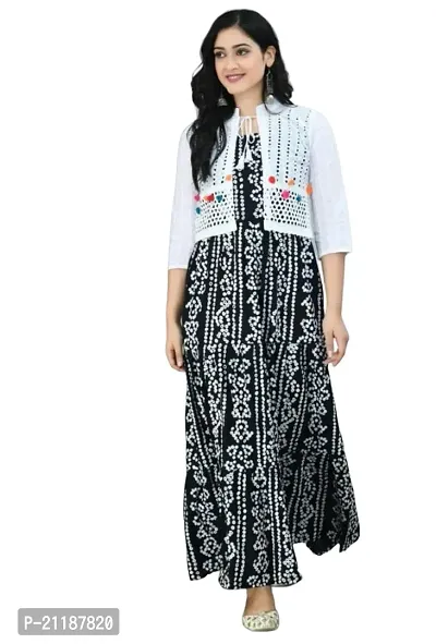 Durolane Women's Bandhani Print Rayon Round Neck 3/4 Sleeve Gown with Ethnic Pom-Pom Jacket (D_S_M_900156)-thumb0