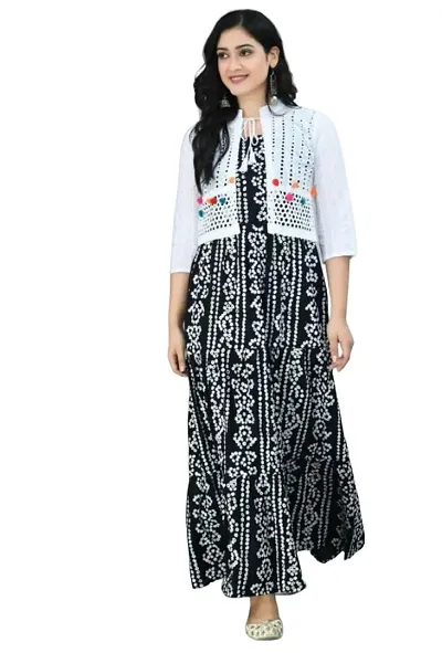 Durolane Women's Bandhani Print Rayon Round Neck 3/4 Sleeve Gown with Ethnic Pom-Pom Jacket (D_S_M_900156)