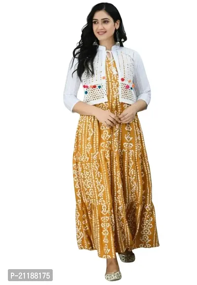 Durolane Women's Bandhani Print Rayon Round Neck 3/4 Sleeve Gown with Ethnic Pom-Pom Jacket (D_S_M_900156)-thumb0