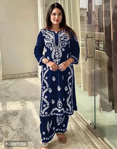 Stylish Navy Blue Rayon Embroidered Kurta Bottom Set For Women-thumb0