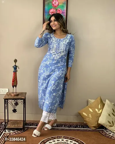 Stylish Blue Cotton Embroidered Straight Kurta Bottom Set For Women-thumb0