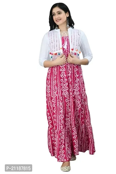 Durolane Women's Bandhani Print Rayon Round Neck 3/4 Sleeve Gown with Ethnic Pom-Pom Jacket (D_S_M_900156)