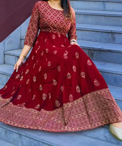 Women's Rayon Fabric Beautiful Block Anarkali Kurti