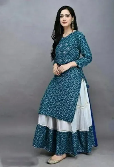Stunning Rayon Bandhani Printed Kurti With Skirt Set