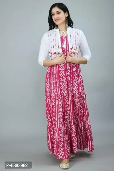 Alluring Rayon Bandhani Print Kurta with Chikankari Koti Set For Women