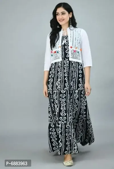 Alluring Black Rayon Bandhani Print Kurta with Chikankari Koti Set For Women