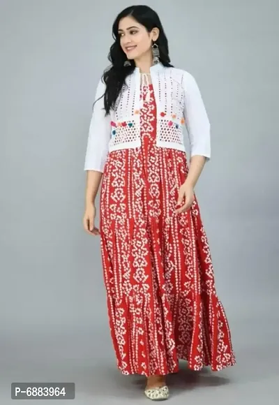 Alluring Red Rayon Bandhani Print Kurta with Chikankari Koti Set For Women
