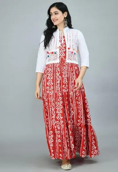 Alluring Red Rayon Bandhani Print Kurta with Chikankari Koti Set For Women