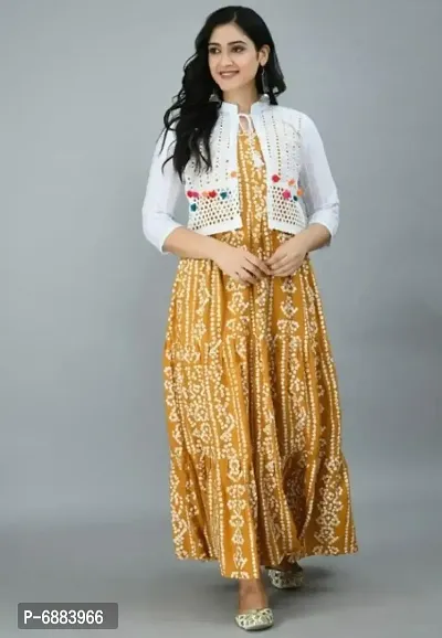 Alluring Yellow Rayon Bandhani Print Kurta with Chikankari Koti Set For Women-thumb0