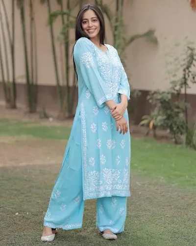 Festive Wear Fancy Rayon Chikankari Kurta Set For Women