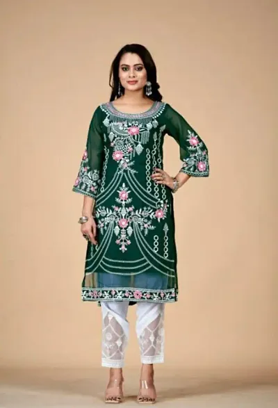 Stylish Georgette Embroidered A-Line Kurta Bottom Set