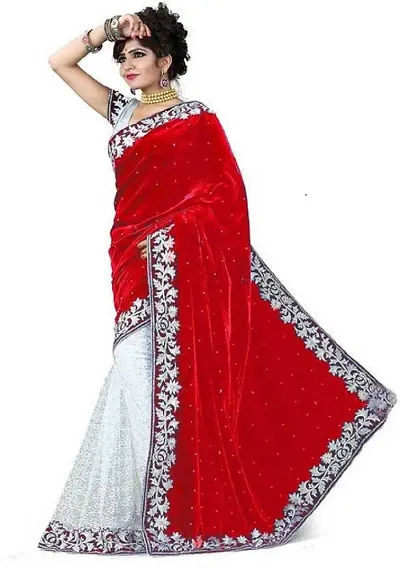 Stylish Fancy Velvet::Brasso Saree With Blouse Piece For Women