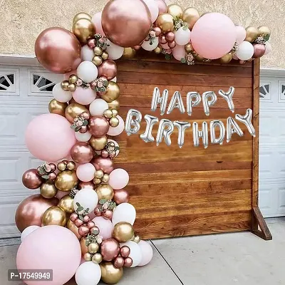BUC Solid 64 Pc Birthday Decoration Kit Pink And Gold Chrome Rose Gold Chrome White  Balloons With Silver Happy Birthday Banner Room Balloon  (Multicolor, Pack of 64)