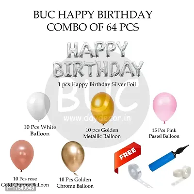 BUC Solid 64 Pc Birthday Decoration Kit Pink And Gold Chrome Rose Gold Chrome White  Balloons With Silver Happy Birthday Banner Room Balloon  (Multicolor, Pack of 64)-thumb5