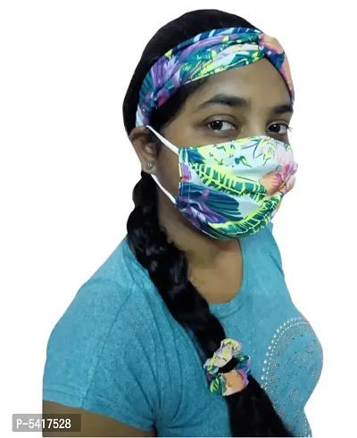 Fashionable 3 layer HAIR BAND With Mask  Ruffle- Green