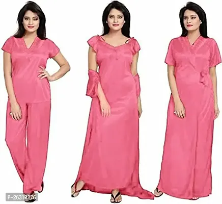 Stylish Regular Pink Solid Satin Nighty For Women, Pack Of 3-thumb0