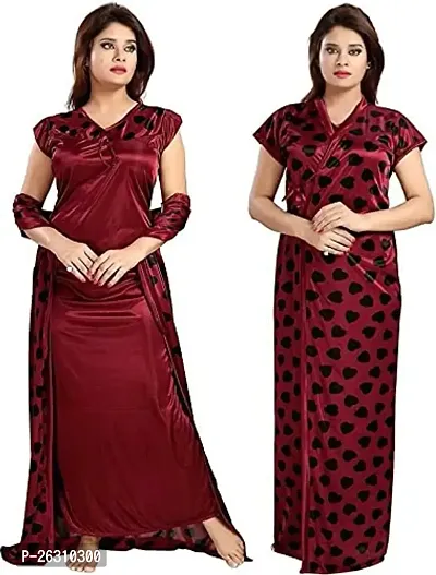 Stylish Regular Maroon Solid Satin Nighty For Women, Pack Of 2