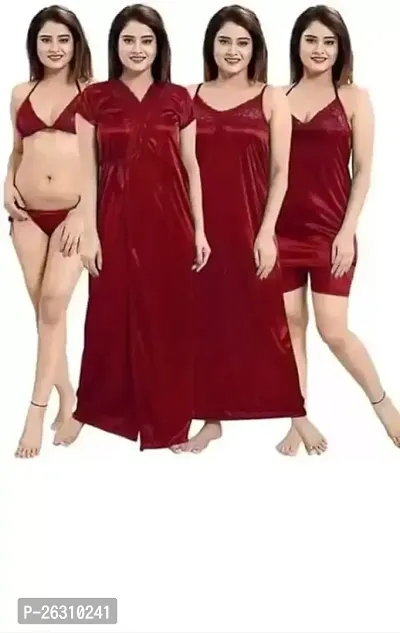 Stylish Regular Maroon Solid Cotton Blend Nighty Set For Women, Pack Of 4-thumb0