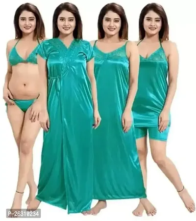 Stylish Regular Green Solid Cotton Blend Nighty Set For Women, Pack Of 4-thumb0