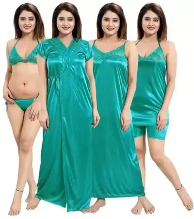 Siami Apparels Solid Satin Piece Nightwear Set (1 Robe, 1 Nighty, 1 Top, 1 Shorts, 1 Lingerie Set) for Women | Comfy Stylish (Free Size, Rani)